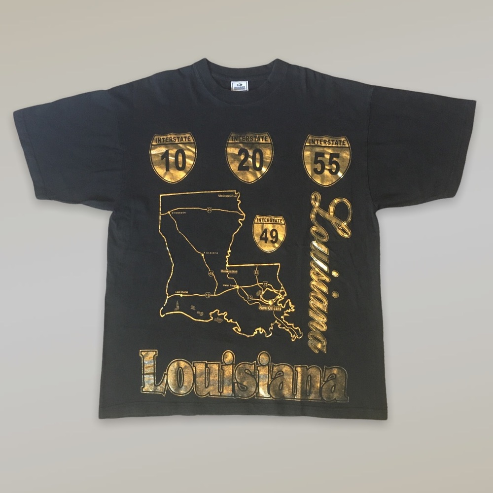 Vintage Louisiana Destination Highway Gold Print Tee in Black